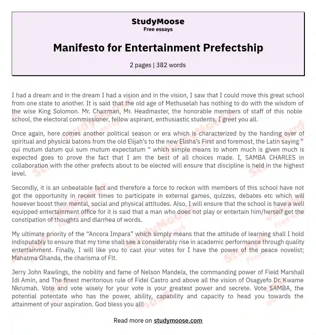Manifesto for Entertainment Prefectship essay