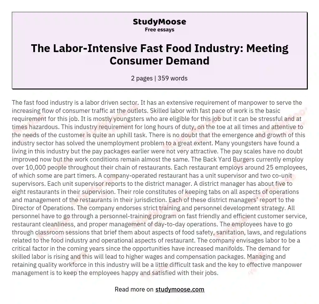 The Labor-Intensive Fast Food Industry: Meeting Consumer Demand essay