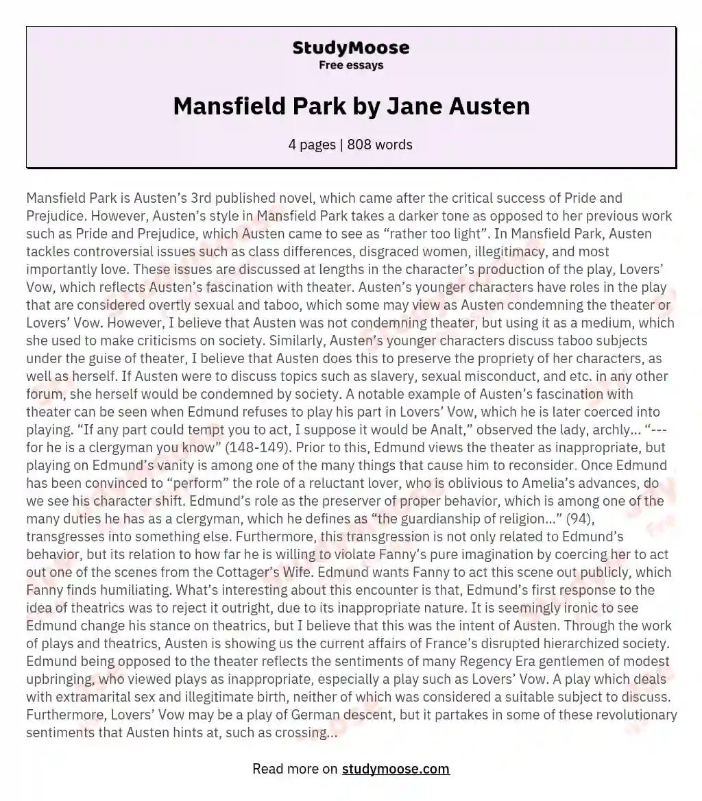 Mansfield Park by Jane Austen essay