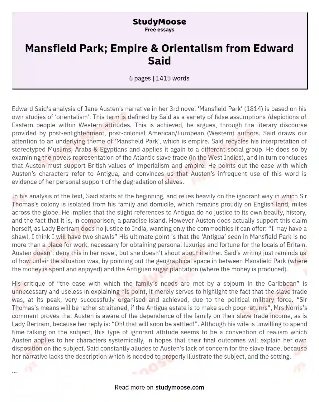 Mansfield Park; Empire & Orientalism from Edward Said