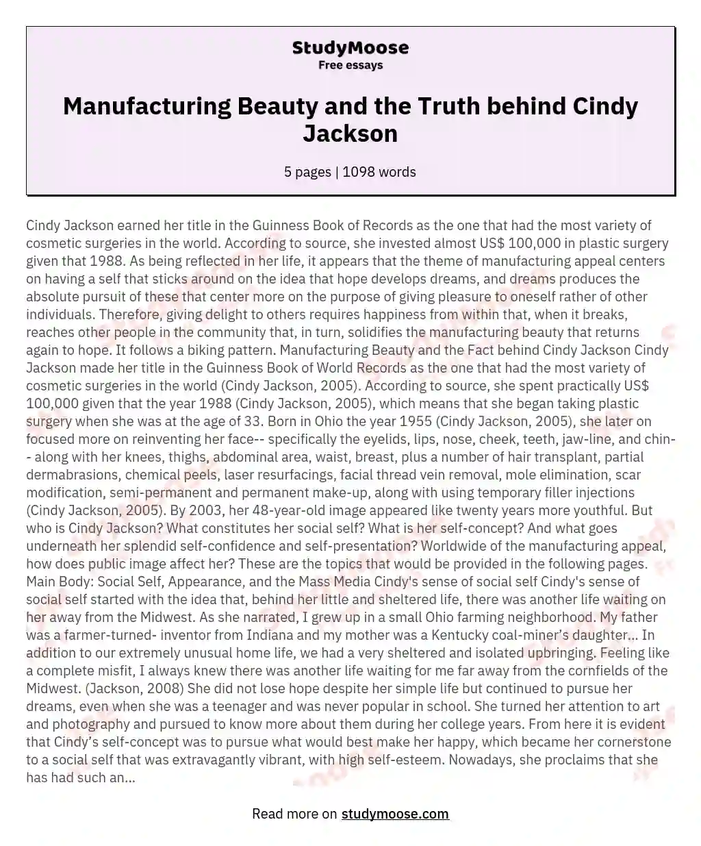 Manufacturing Beauty and the Truth behind Cindy Jackson essay