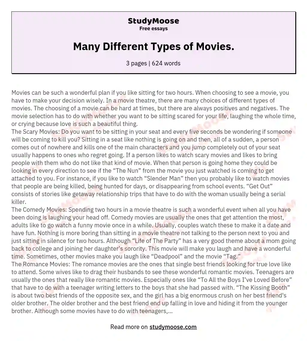 Many Different Types of Movies. essay