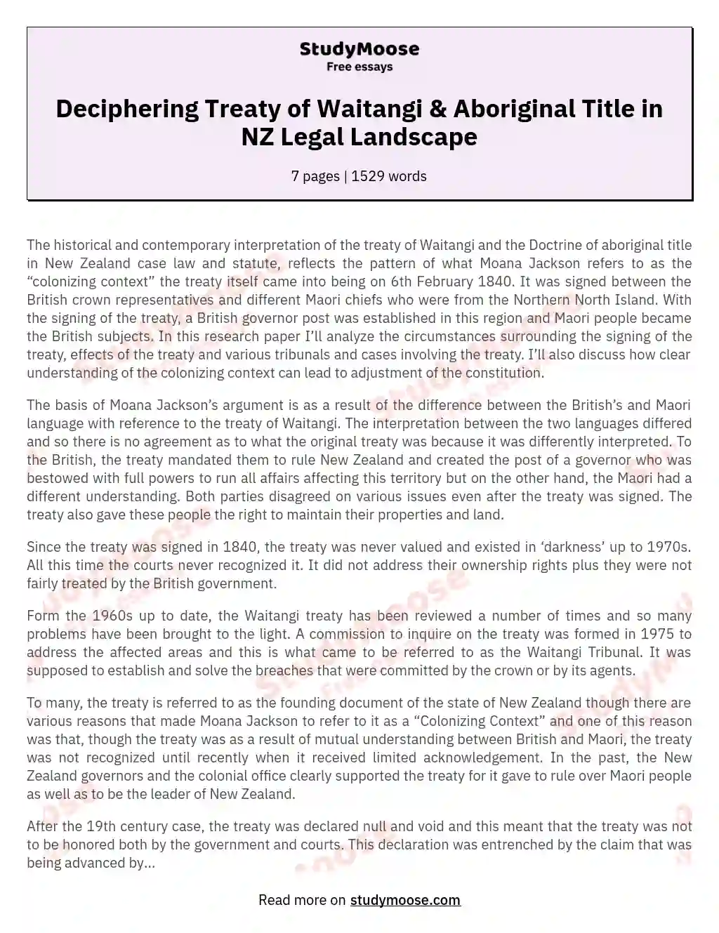 Deciphering Treaty of Waitangi & Aboriginal Title in NZ Legal Landscape essay