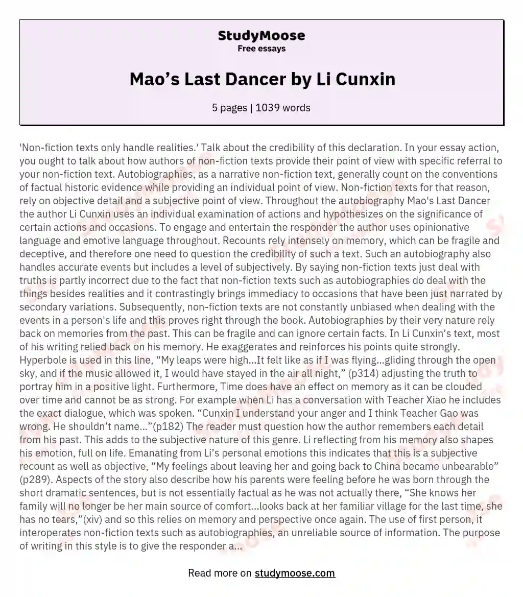 Mao’s Last Dancer by Li Cunxin essay