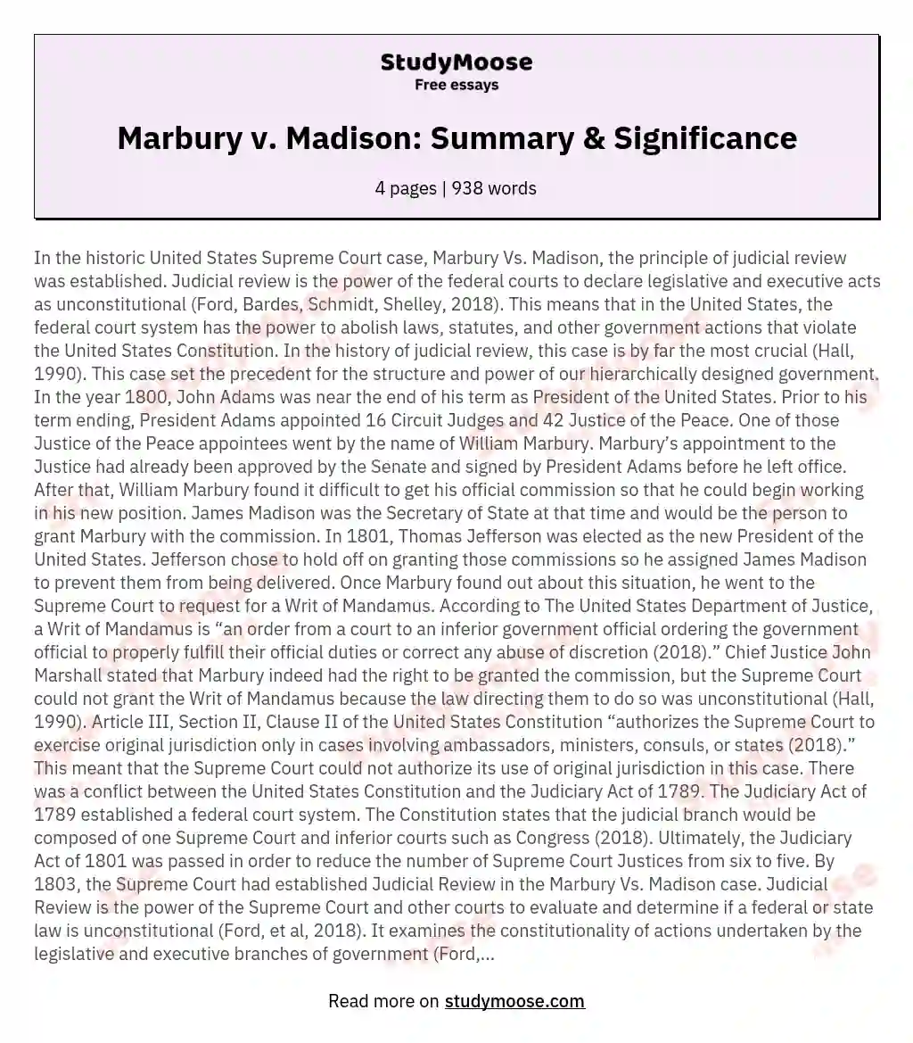 Marbury v. Madison: Summary & Significance essay