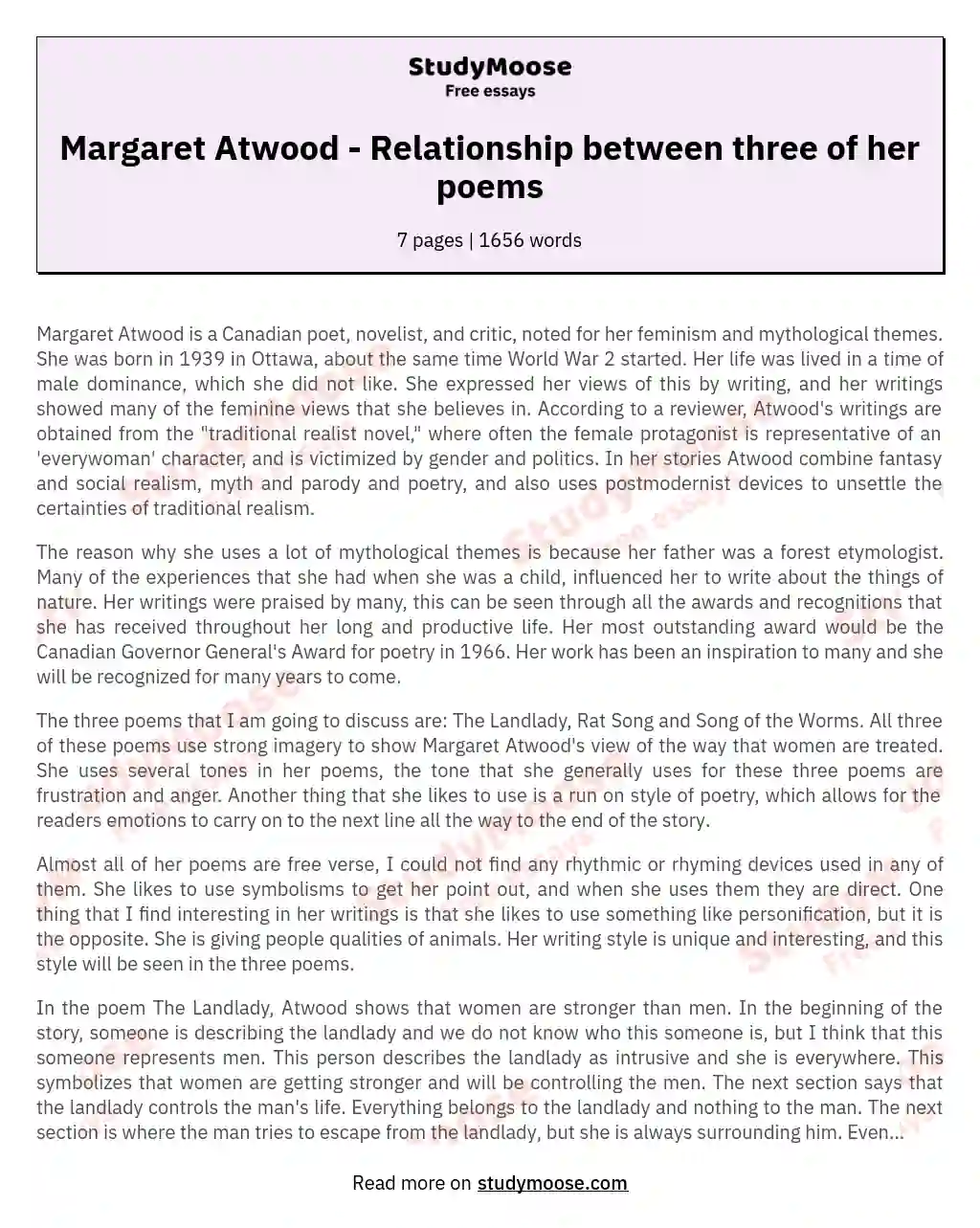 Margaret Atwood - Relationship between three of her poems essay