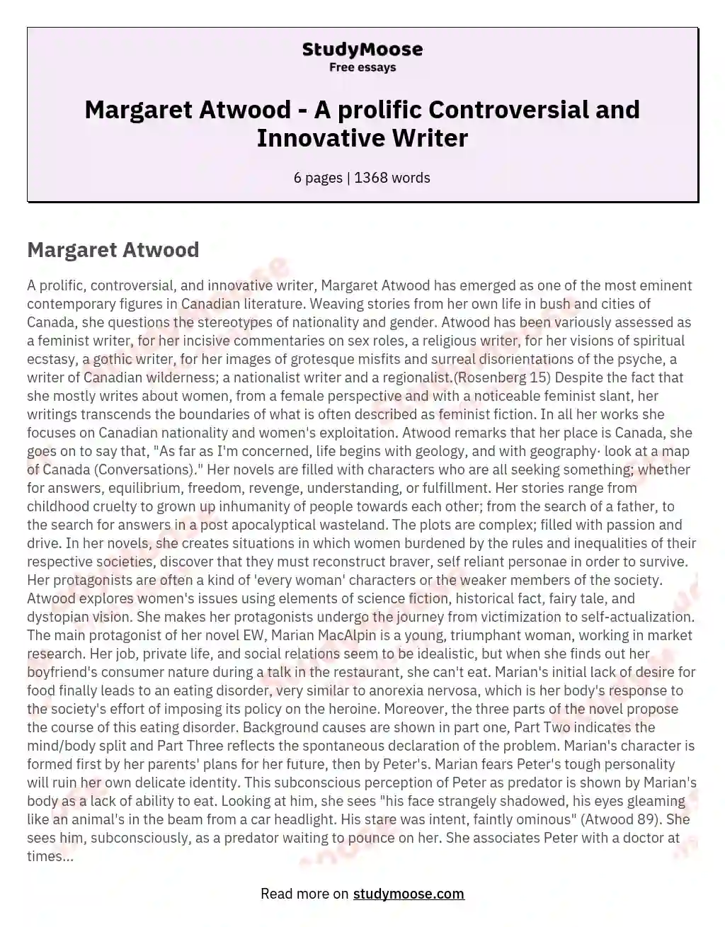 Margaret Atwood - A prolific Controversial and Innovative Writer essay