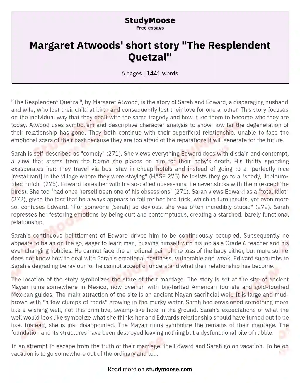 Margaret Atwoods' short story "The Resplendent Quetzal" essay