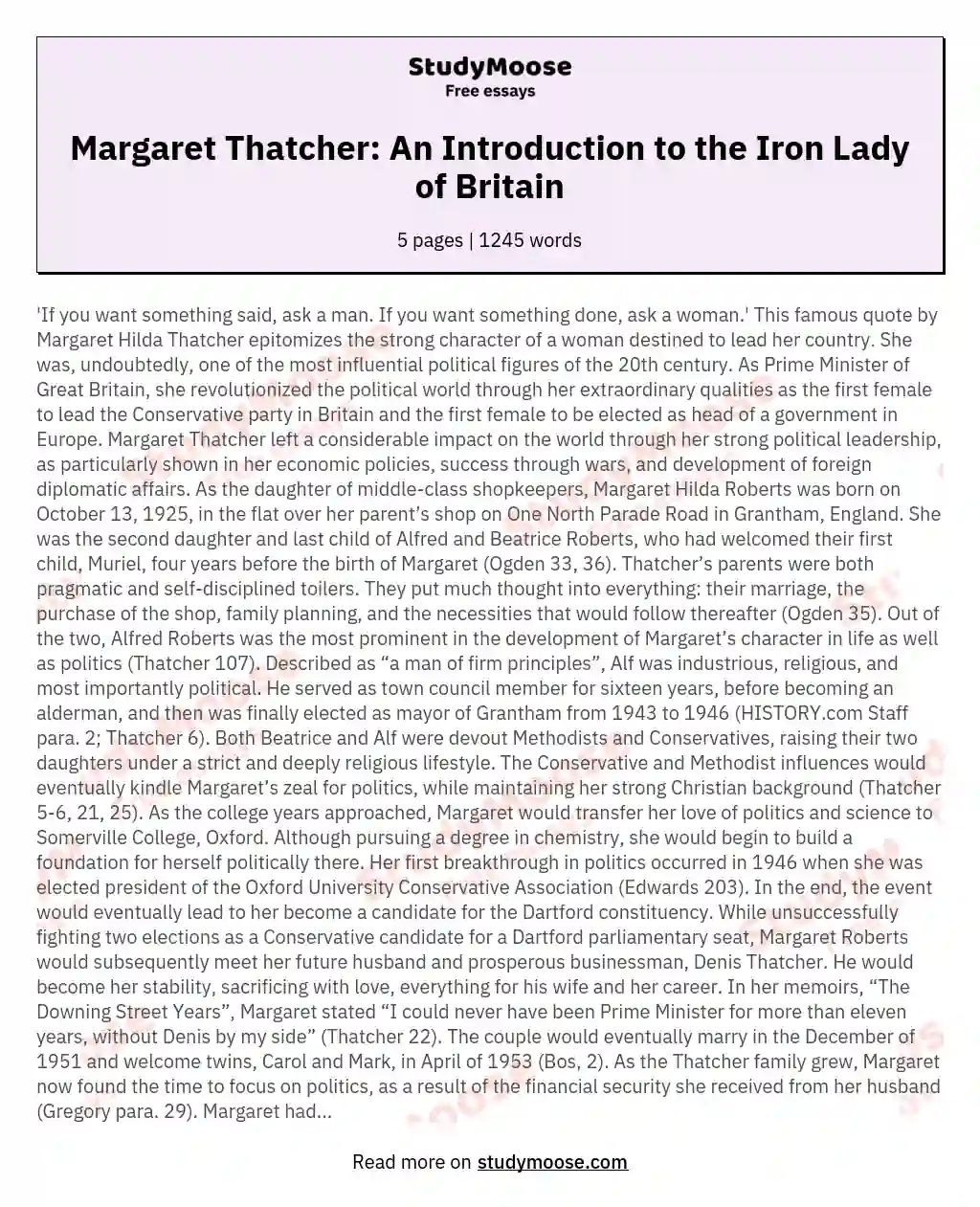 Margaret Thatcher: An Introduction to the Iron Lady of Britain essay
