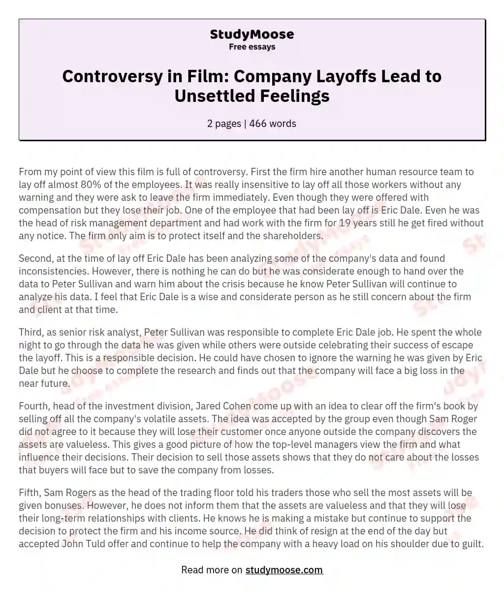 Controversy in Film: Company Layoffs Lead to Unsettled Feelings essay
