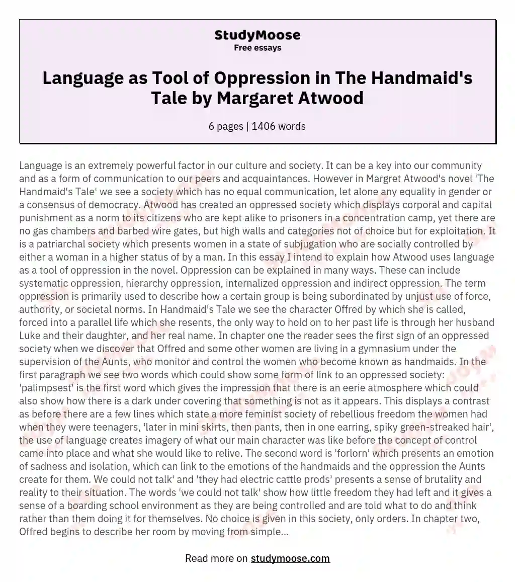 Language as Tool of Oppression in The Handmaid's Tale by Margaret Atwood essay