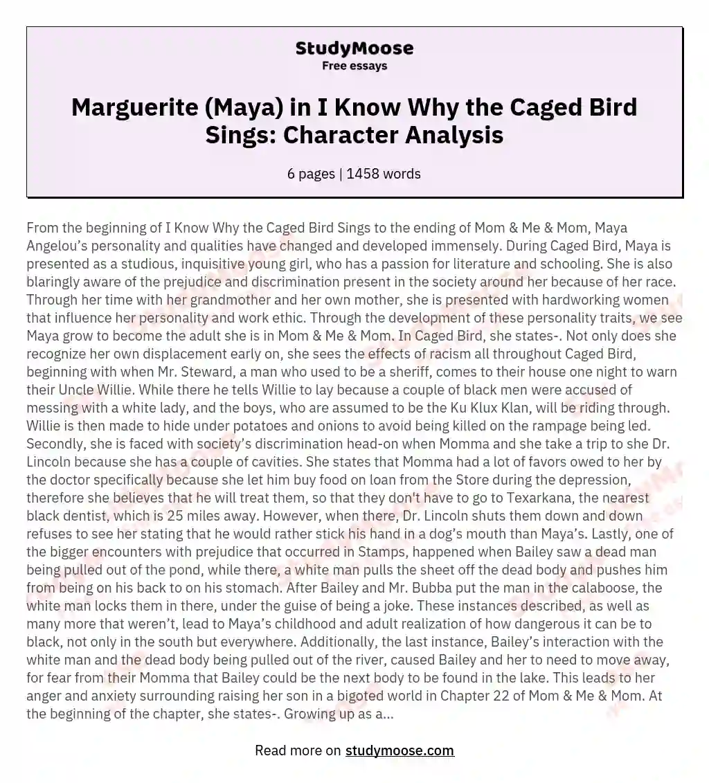 Marguerite (Maya) in I Know Why the Caged Bird Sings: Character Analysis essay