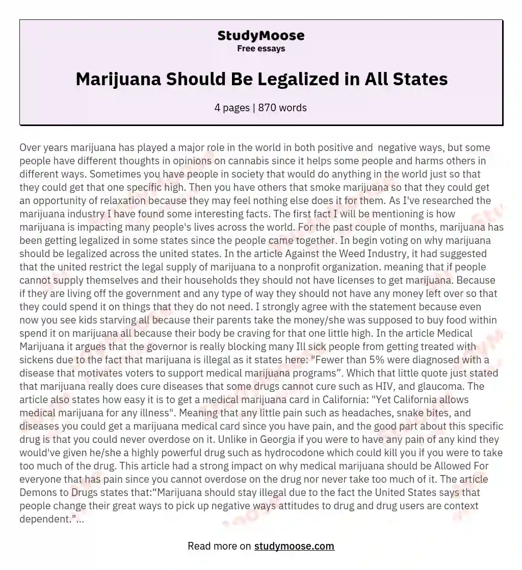 Marijuana Should Be Legalized in All States essay
