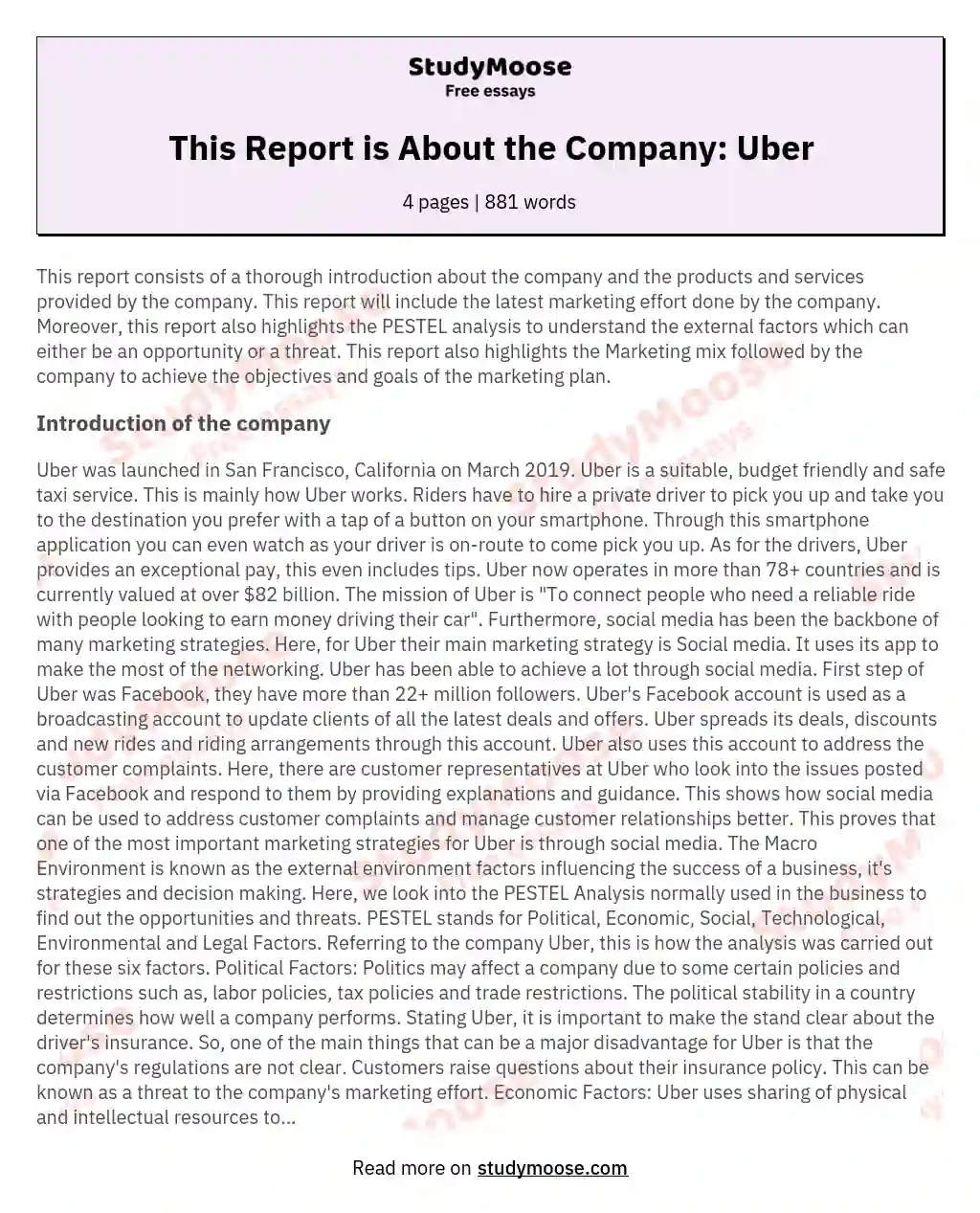 This Report is About the Company: Uber essay