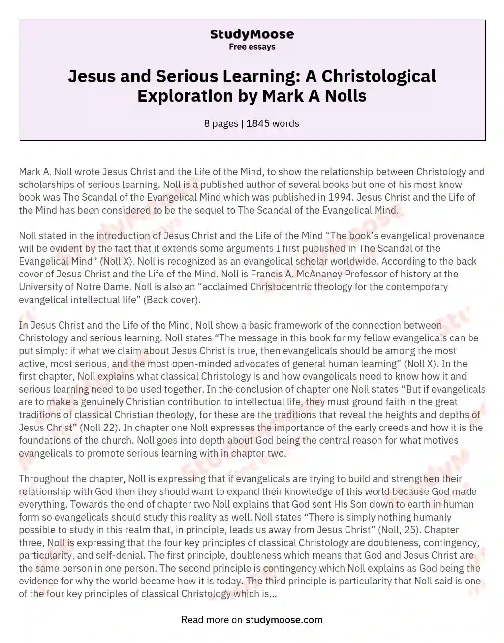 Jesus and Serious Learning: A Christological Exploration by Mark A Nolls essay