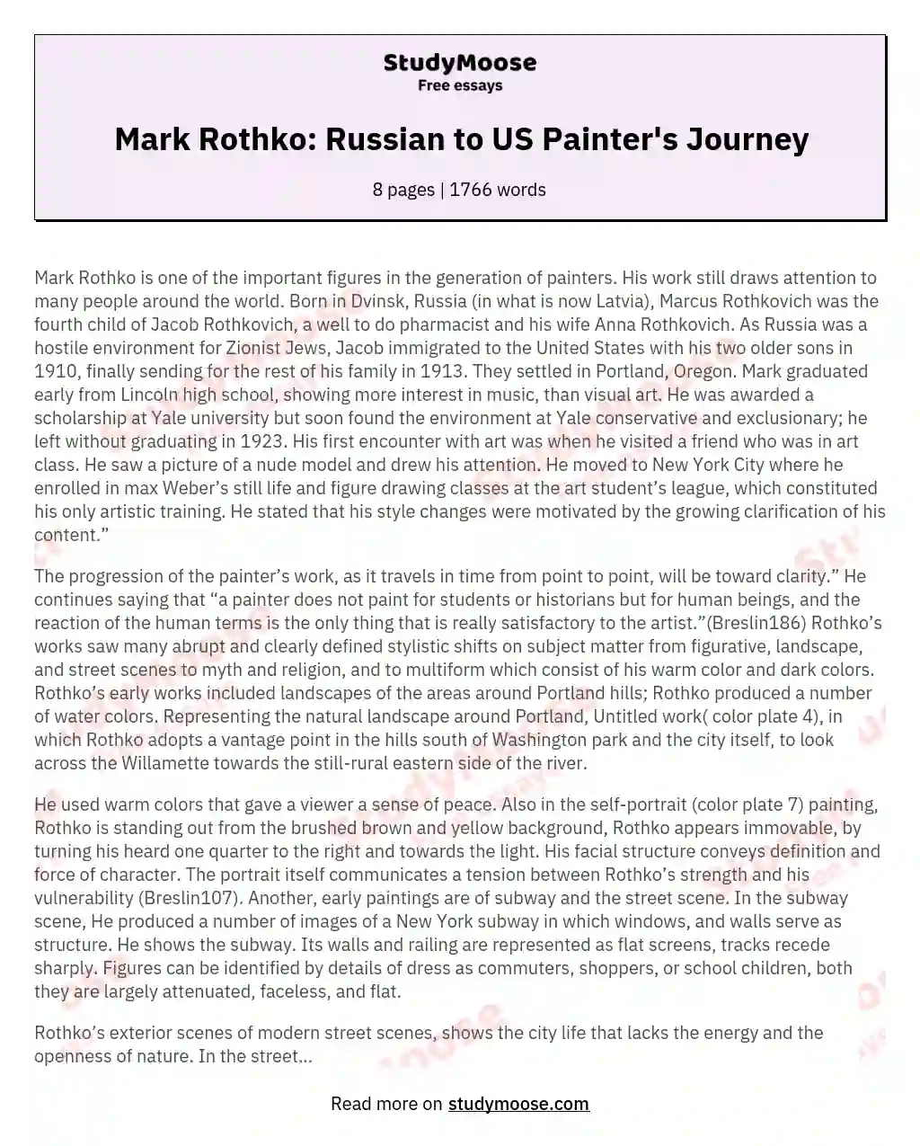 Mark Rothko: A Journey Through Art essay