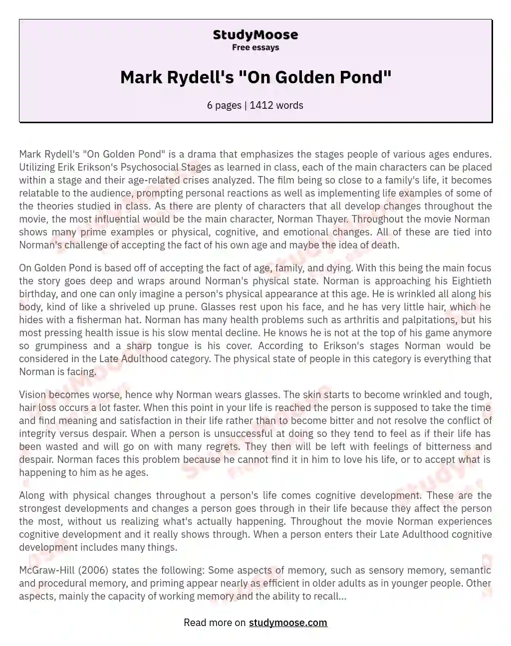 Mark Rydell's "On Golden Pond" essay