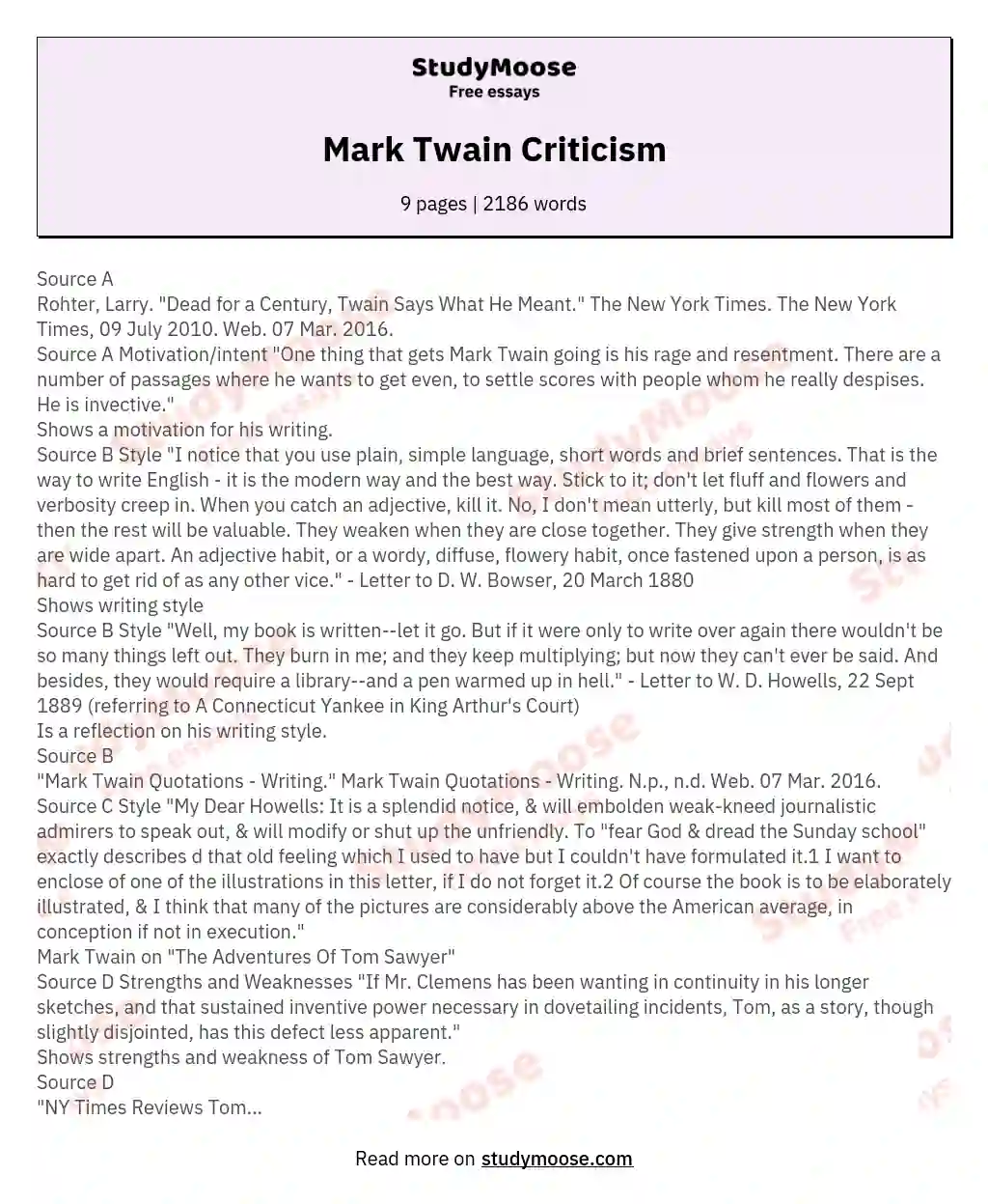 Mark Twain Criticism essay