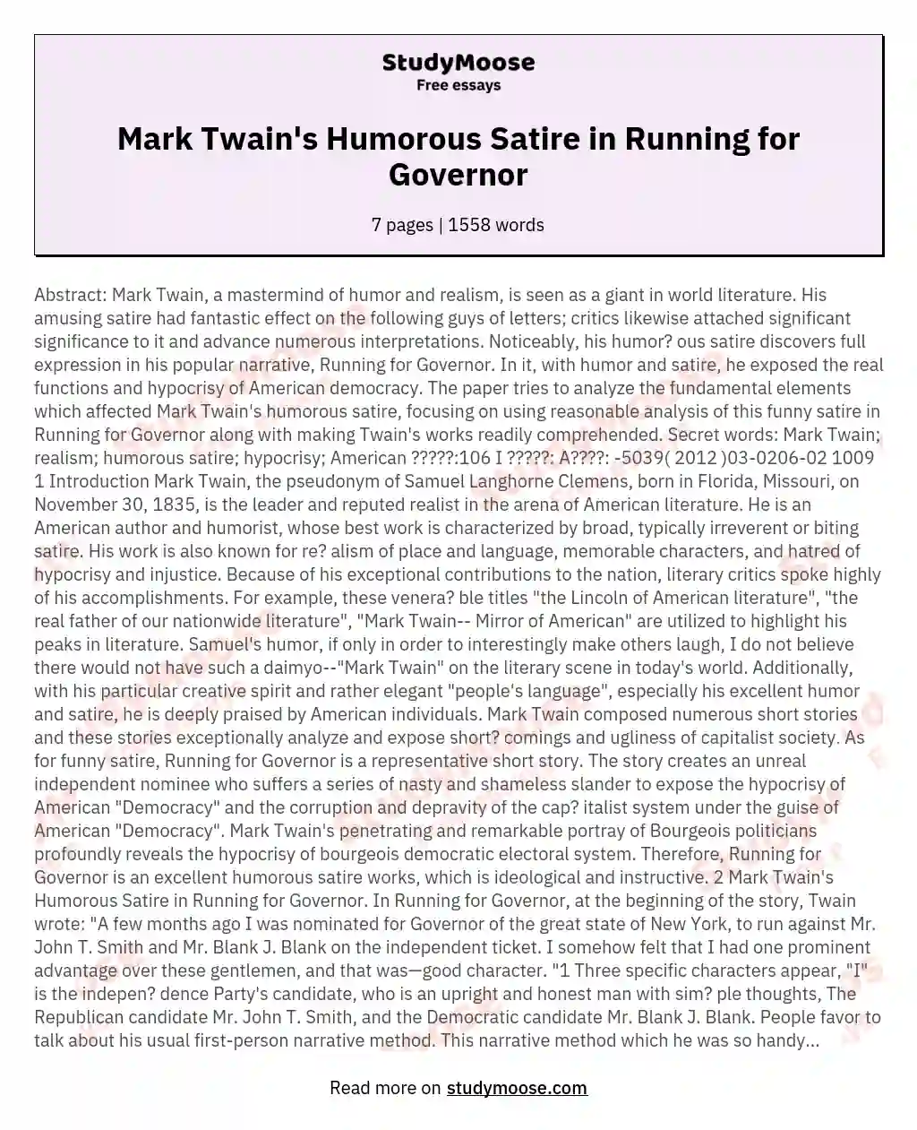 Mark Twain's Humorous Satire in Running for Governor essay