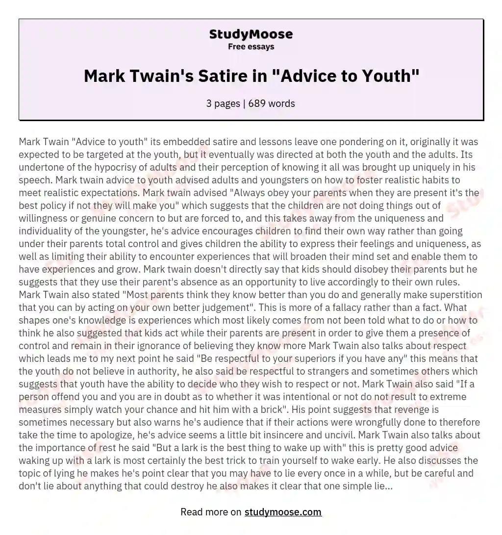 Mark Twain's Satire in "Advice to Youth" essay