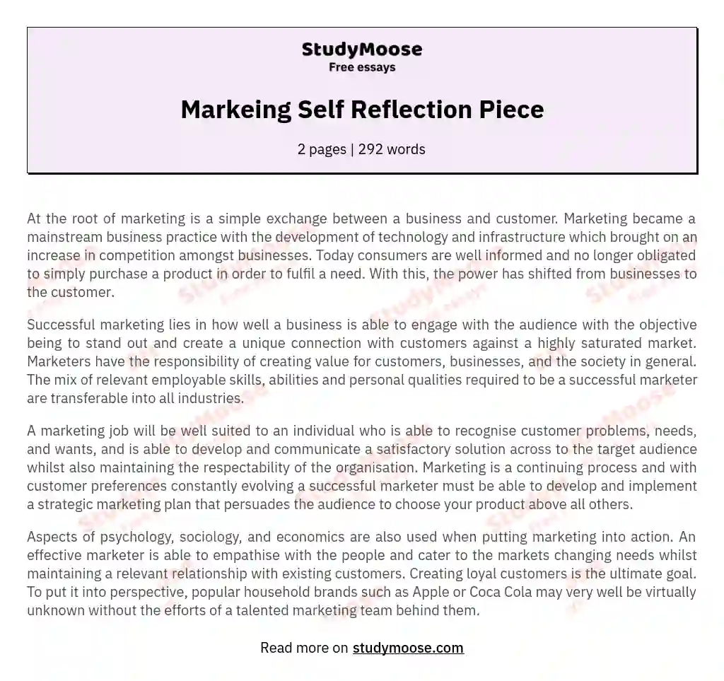 Markeing Self Reflection Piece essay