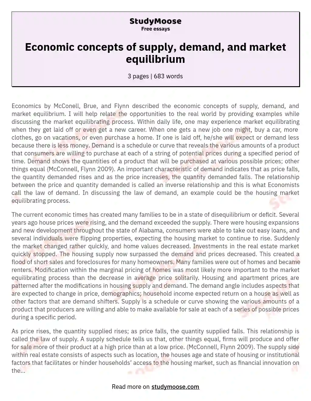 Economic concepts of supply, demand, and market equilibrium essay