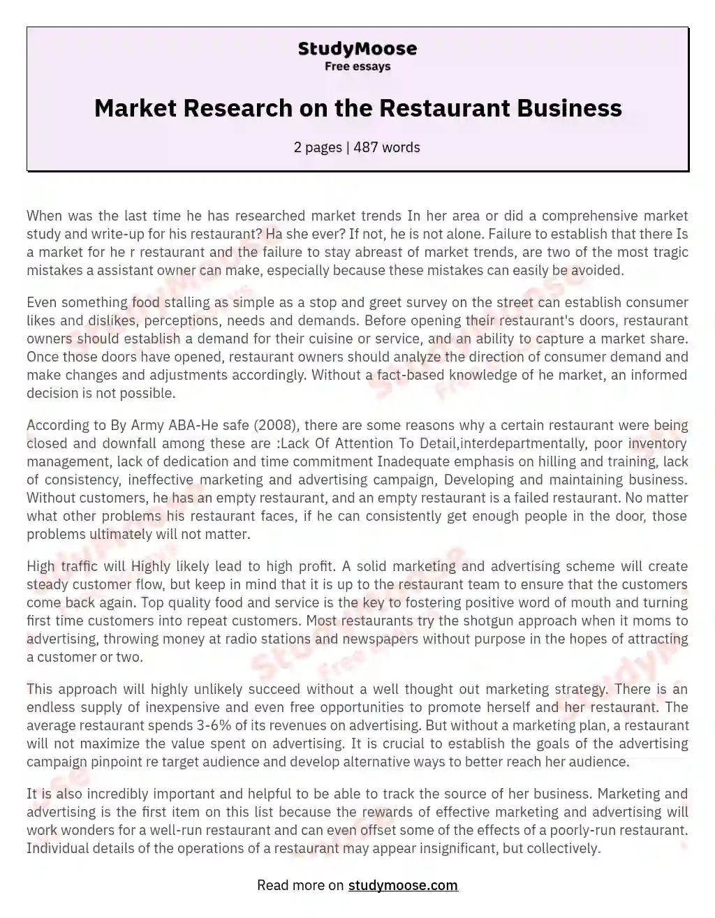 Market Research on the Restaurant Business essay