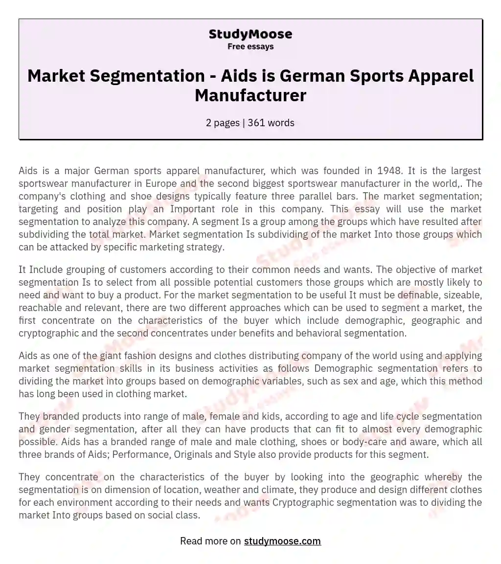 Market Segmentation - Aids is German Sports Apparel Manufacturer essay