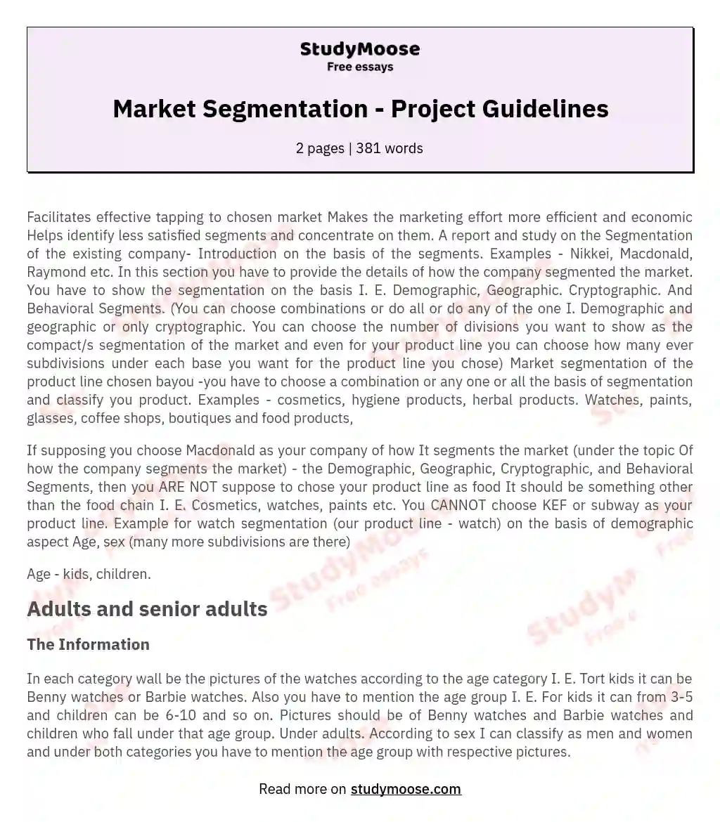 Market Segmentation - Project Guidelines essay