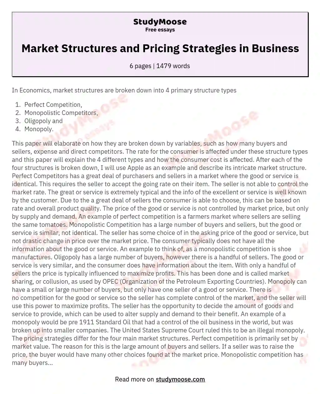 Market Structures and Pricing Strategies in Business essay