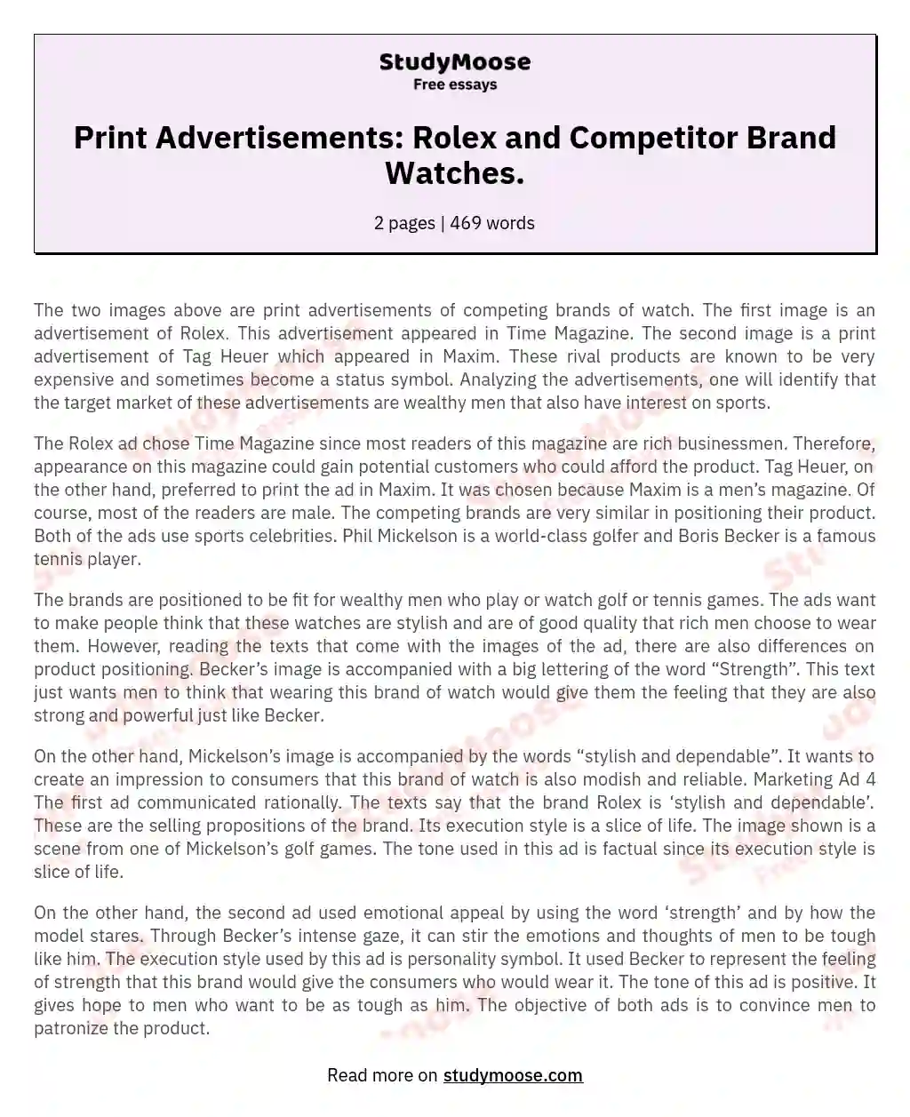 Print Advertisements: Rolex and Competitor Brand Watches. essay