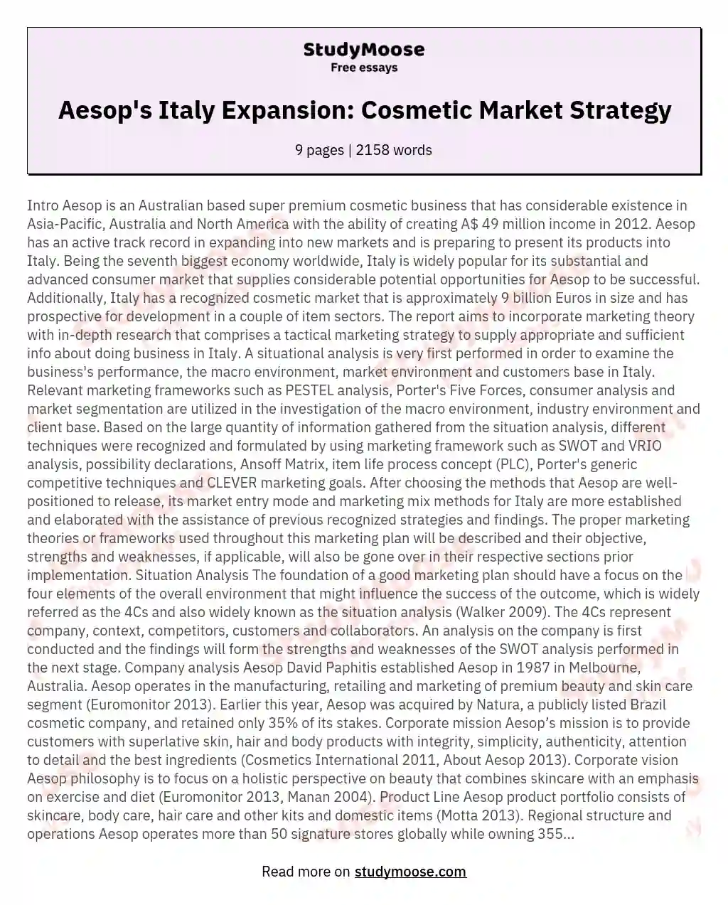 Aesop's Italy Expansion: Cosmetic Market Strategy essay