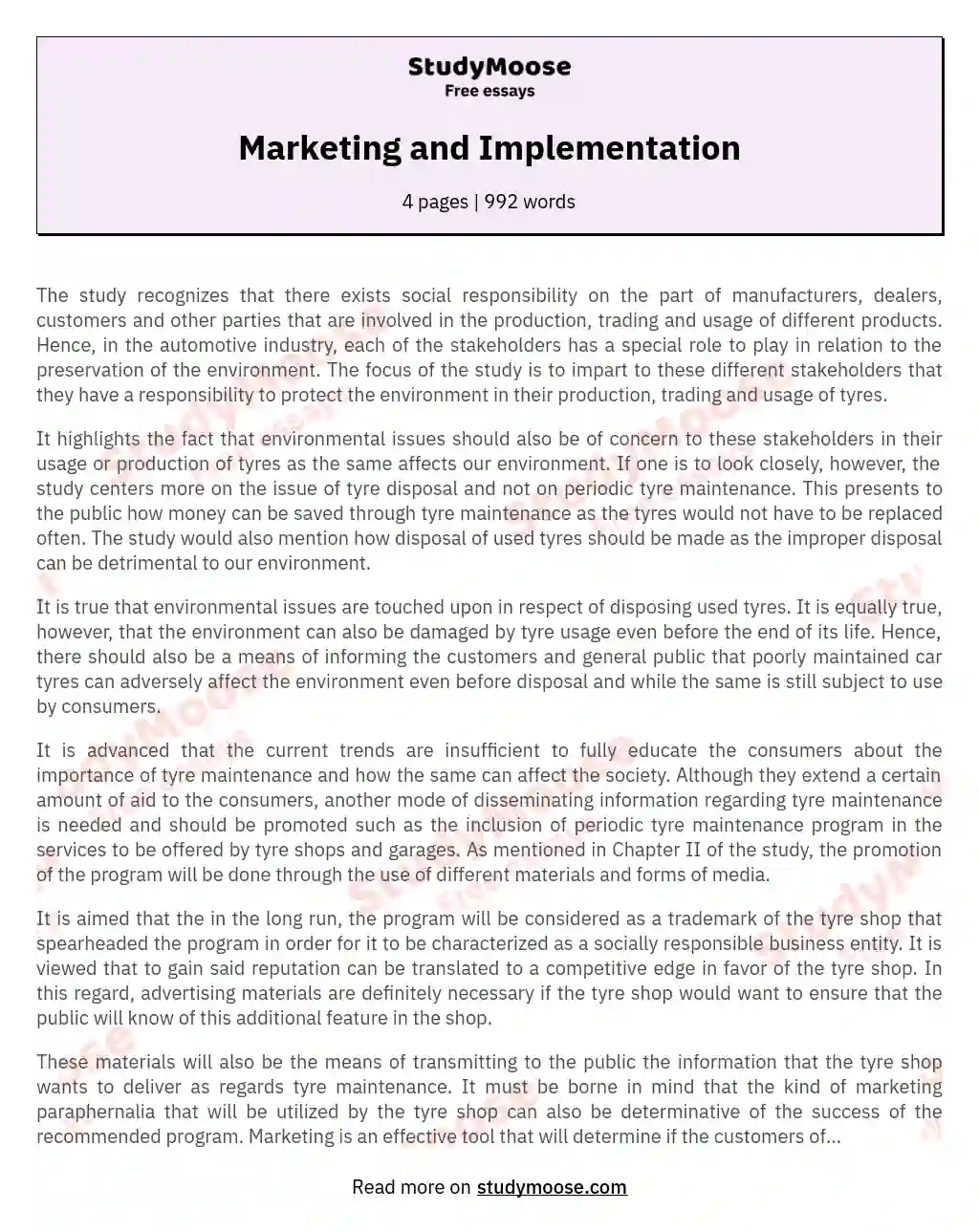 Marketing and Implementation essay