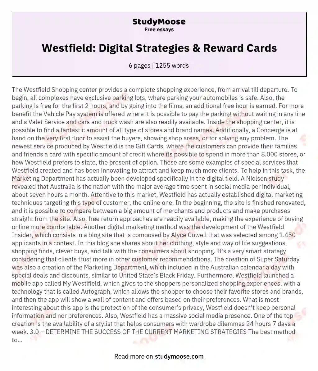 Westfield: Digital Strategies & Reward Cards essay