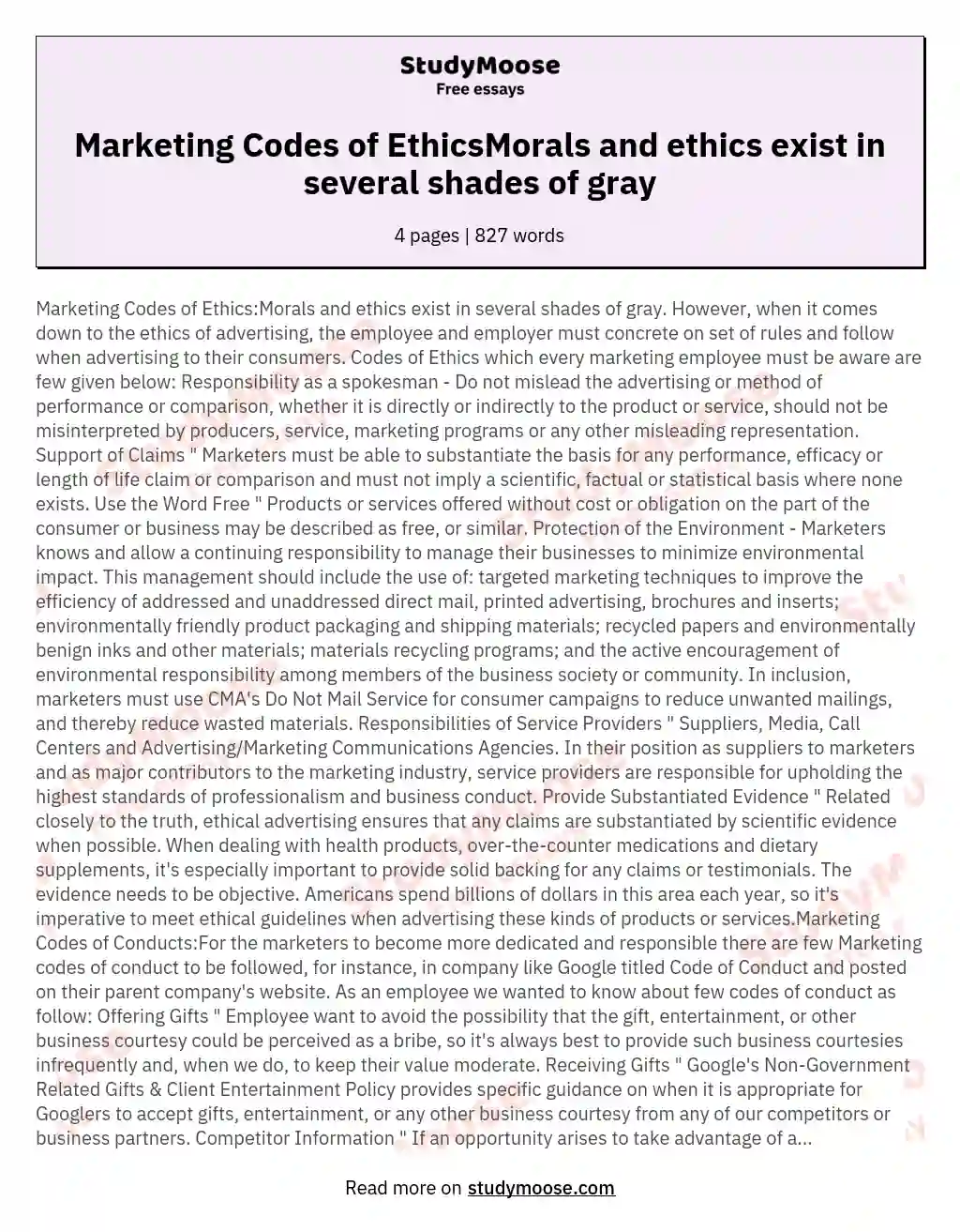 Marketing Codes of EthicsMorals and ethics exist in several shades of gray