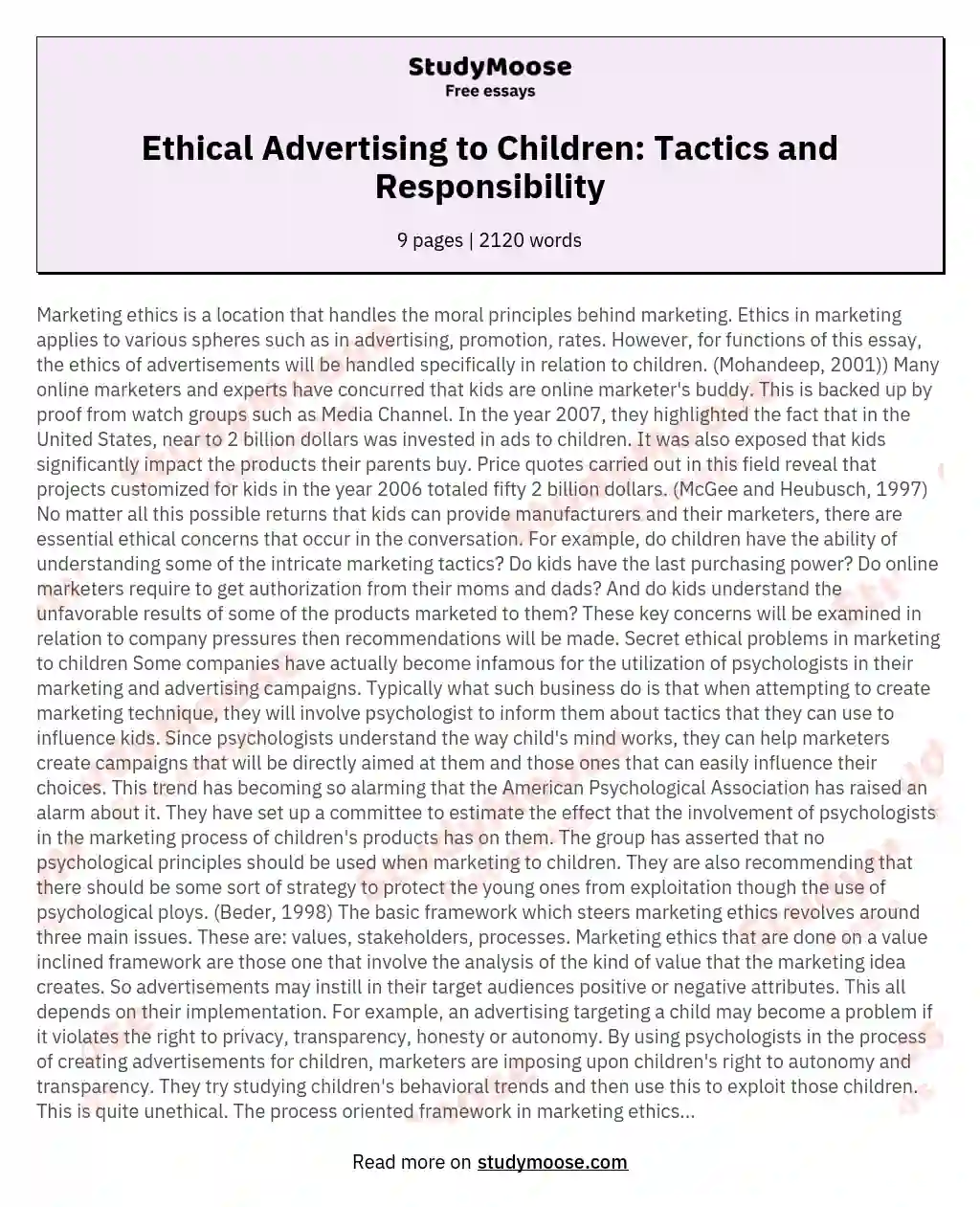 Ethical Advertising to Children: Tactics and Responsibility essay