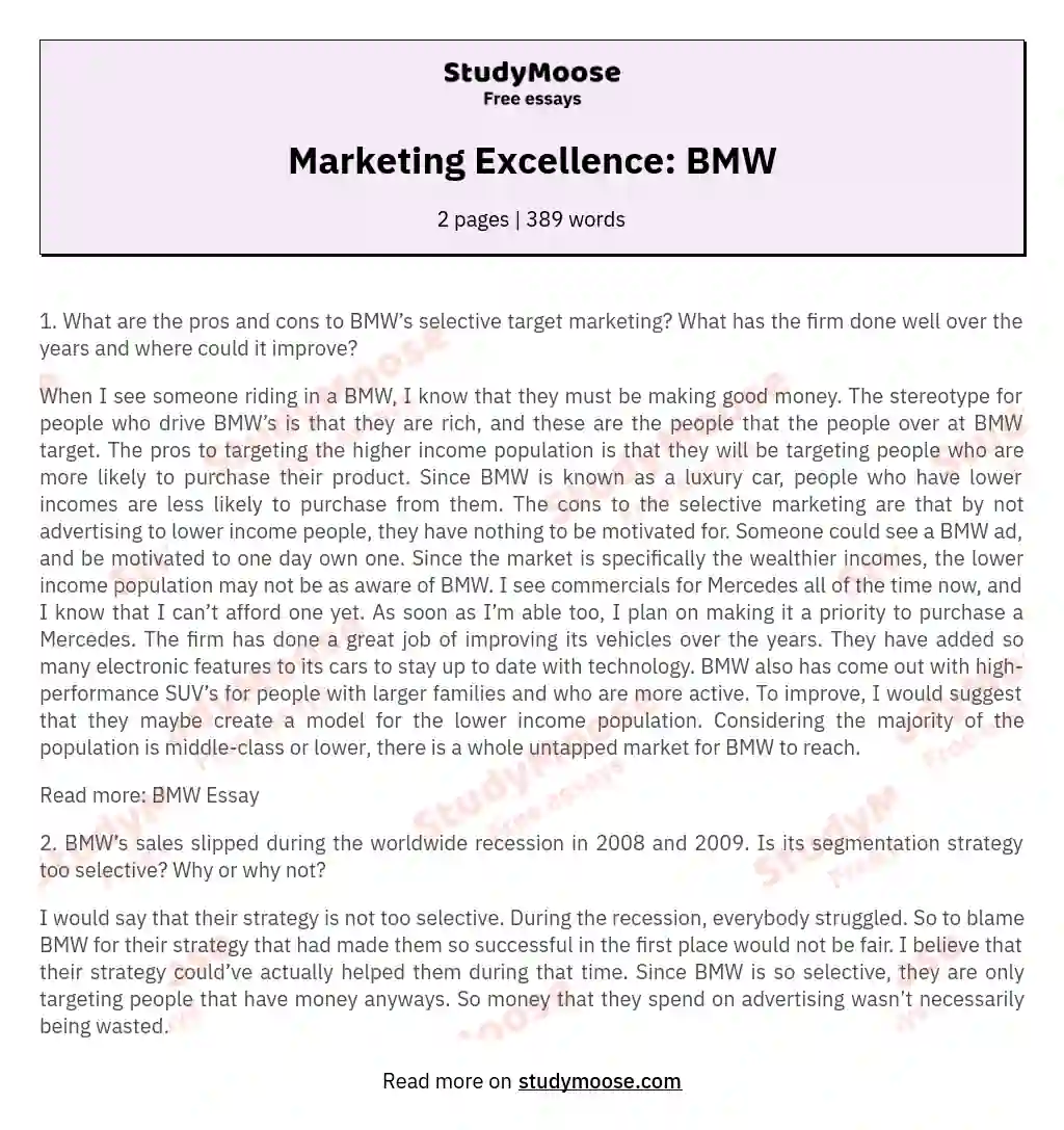 Marketing Excellence: BMW essay