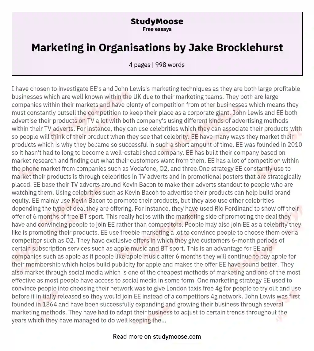 Marketing in Organisations by Jake Brocklehurst essay