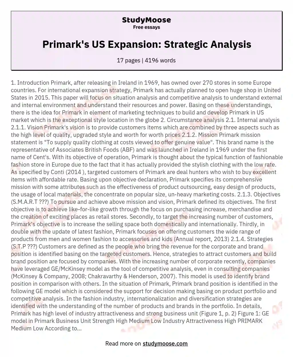 Primark's US Expansion: Strategic Analysis essay