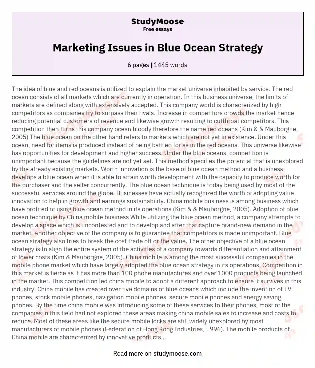 Marketing Issues in Blue Ocean Strategy essay