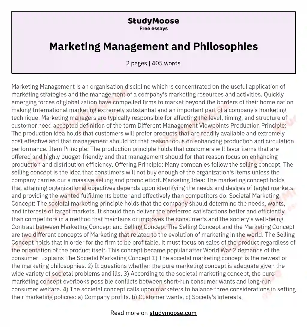Marketing Management and Philosophies essay