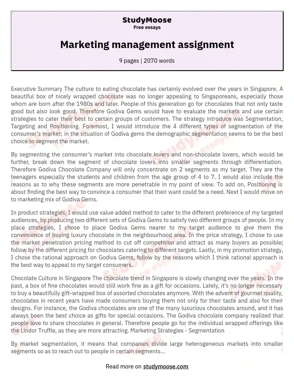 Marketing management assignment essay