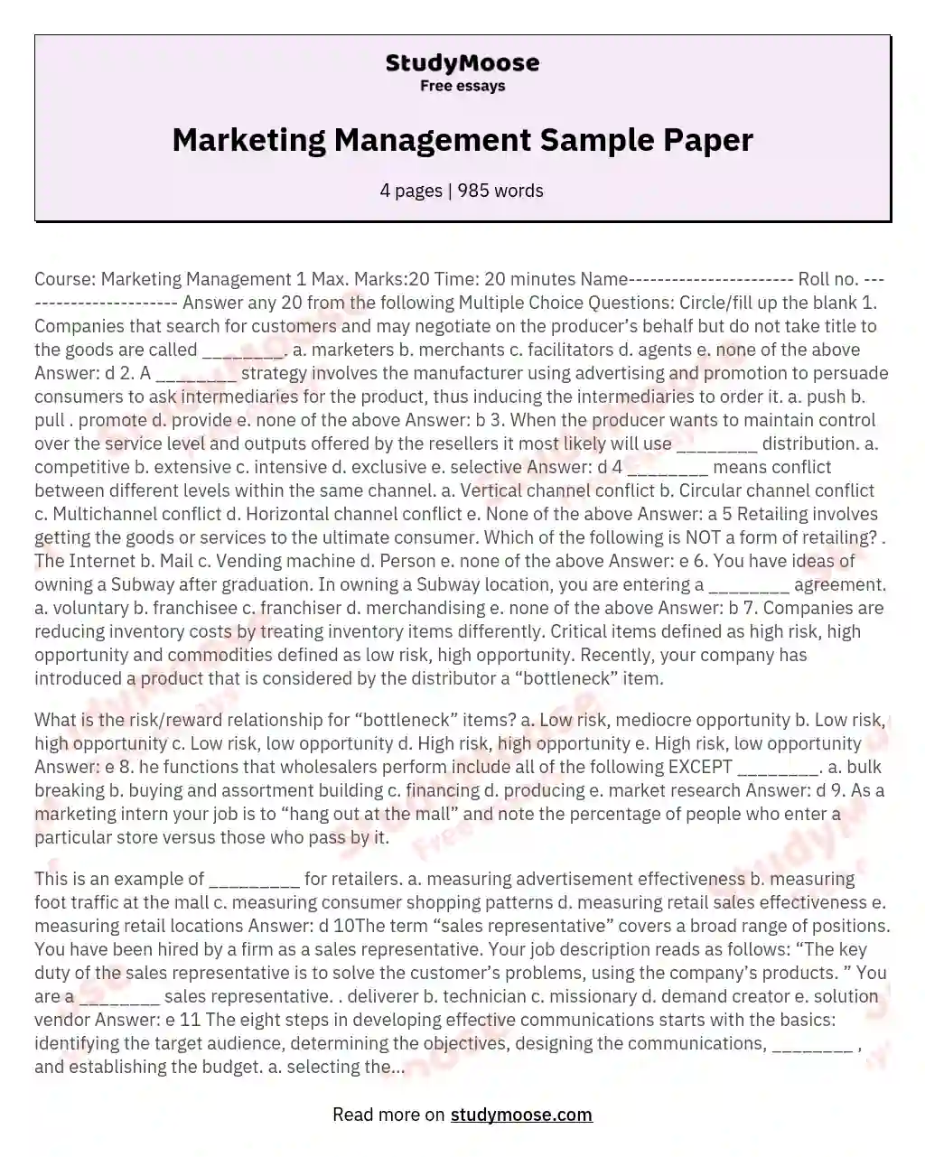 Marketing Management Sample Paper