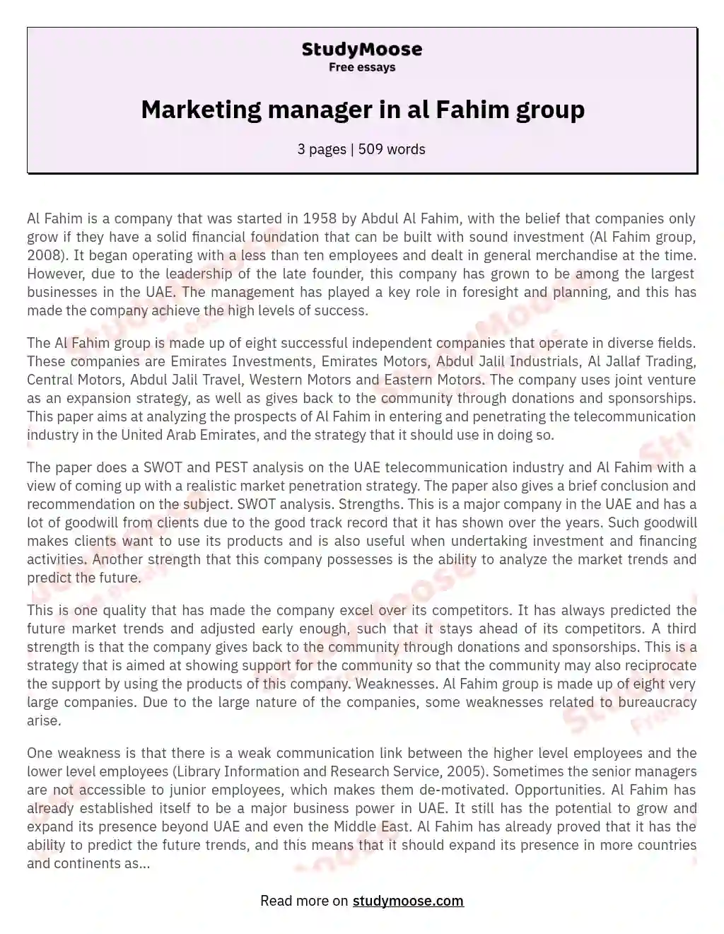 Marketing manager in al Fahim group essay