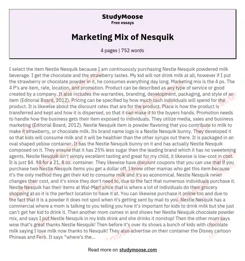 Marketing Mix of Nesquik essay