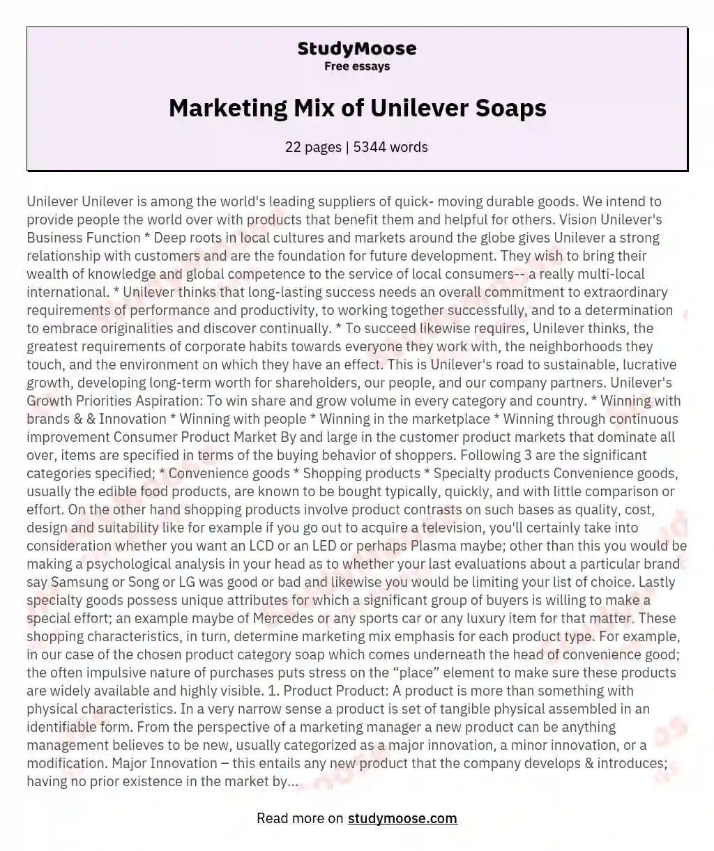 Marketing Mix of Unilever Soaps essay