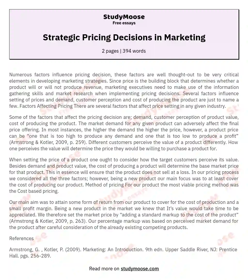 Strategic Pricing Decisions in Marketing essay