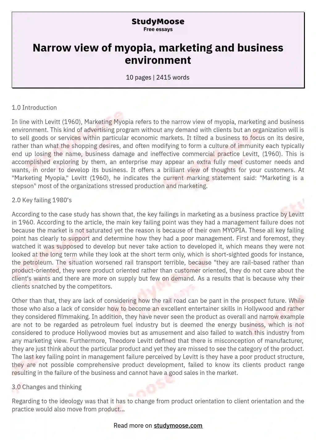 marketing myopia uk essay