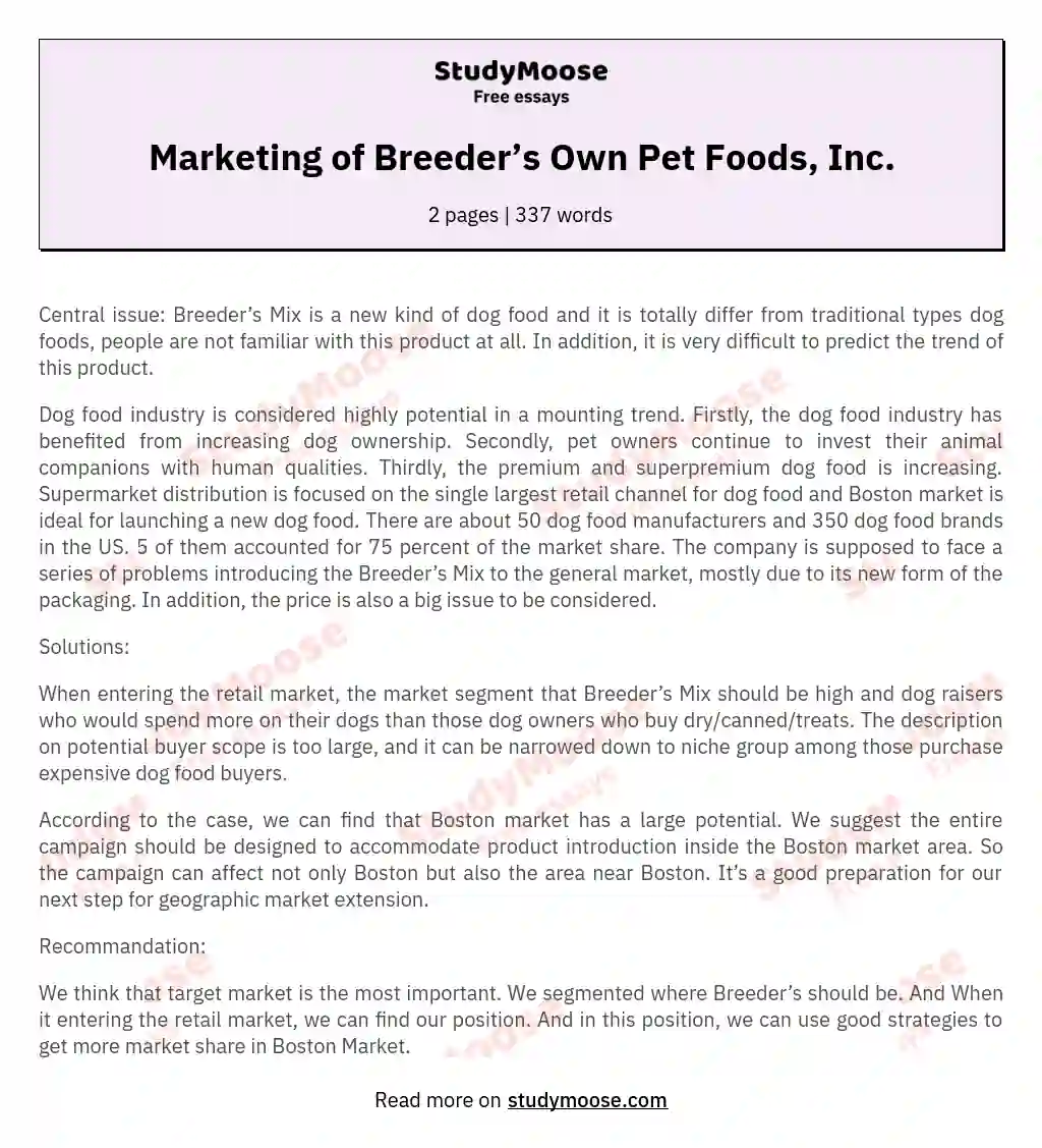 Marketing of Breeder’s Own Pet Foods, Inc.