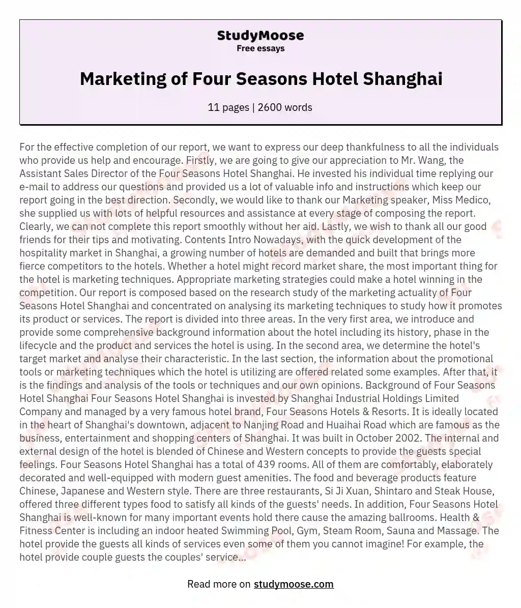Marketing of Four Seasons Hotel Shanghai